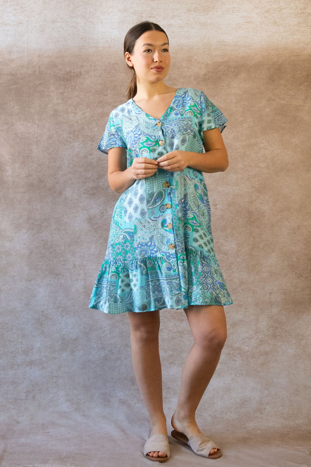 Sabine Boho Paisley Mini Dress - V-Neck, Button Down, Short Sleeve