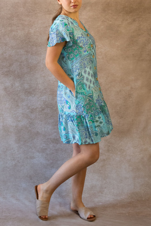 Sabine Robe Courte Bohème à Motif Cachemire - Col V, Boutonnée, Manches Courtes