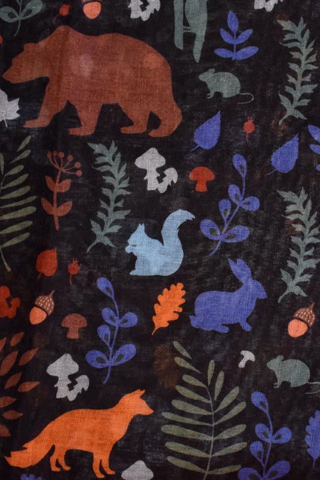 Scarf Forest Animals Print Black - Onze Montreal Black Onze Montreal