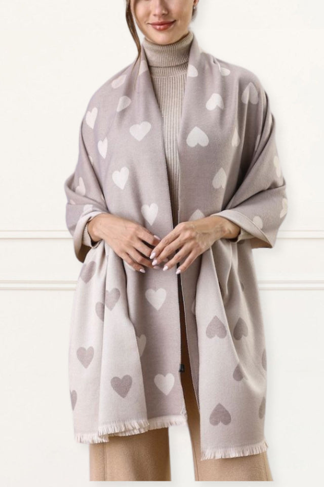 Scarf Hearts Motif Fringes - Onze Montreal Beige Onze Montreal