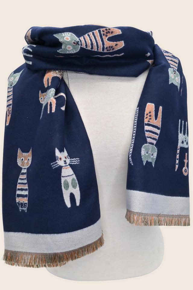 Scarf Cat Motif Border Trim