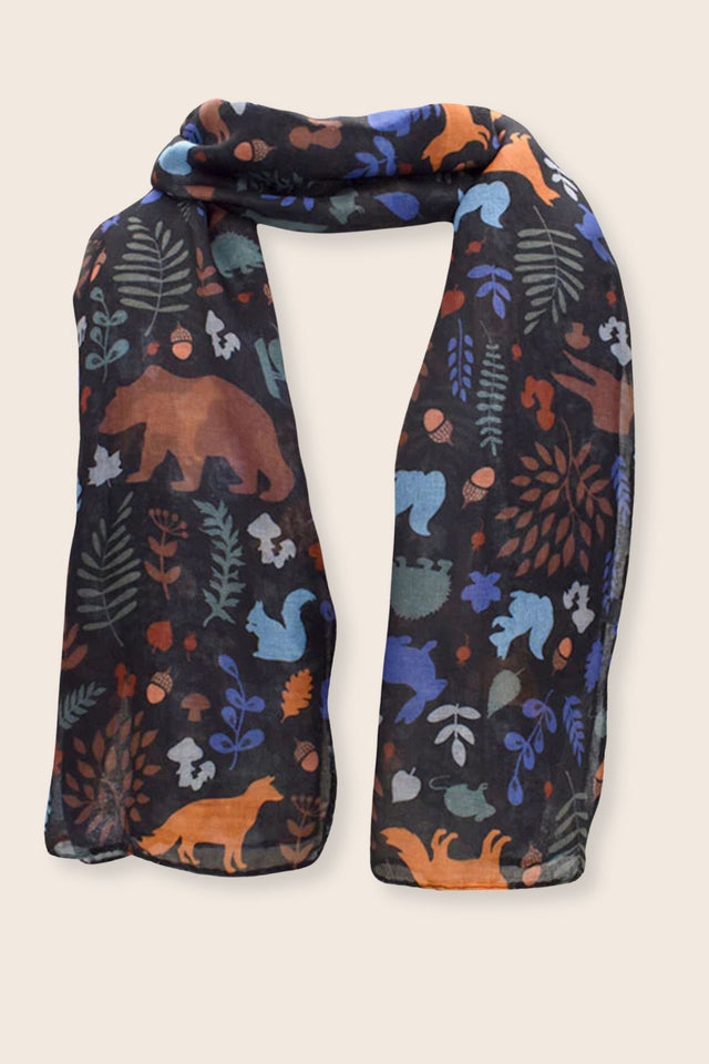 Scarf Forest Animals Print Black