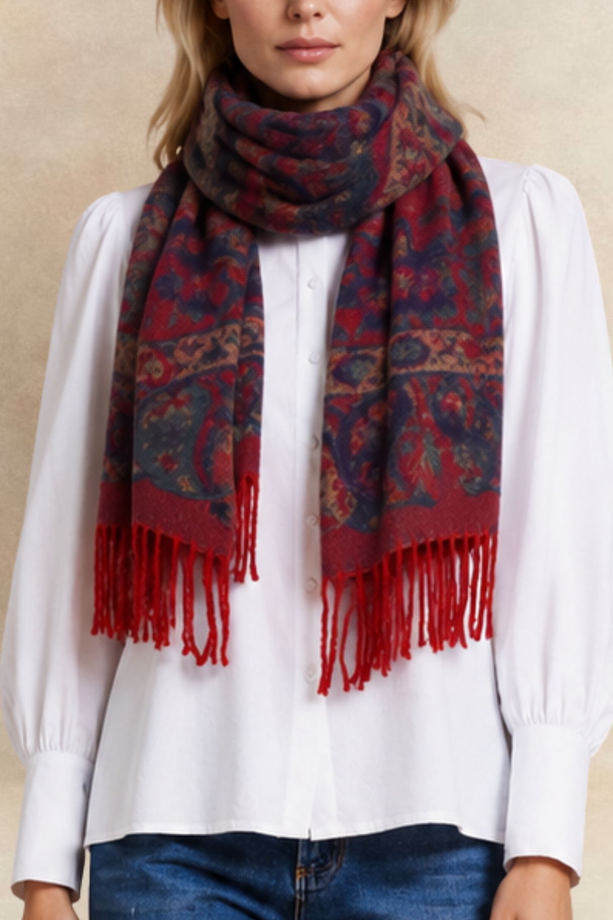 Scarf Paisley Plants Motif Black Fringed