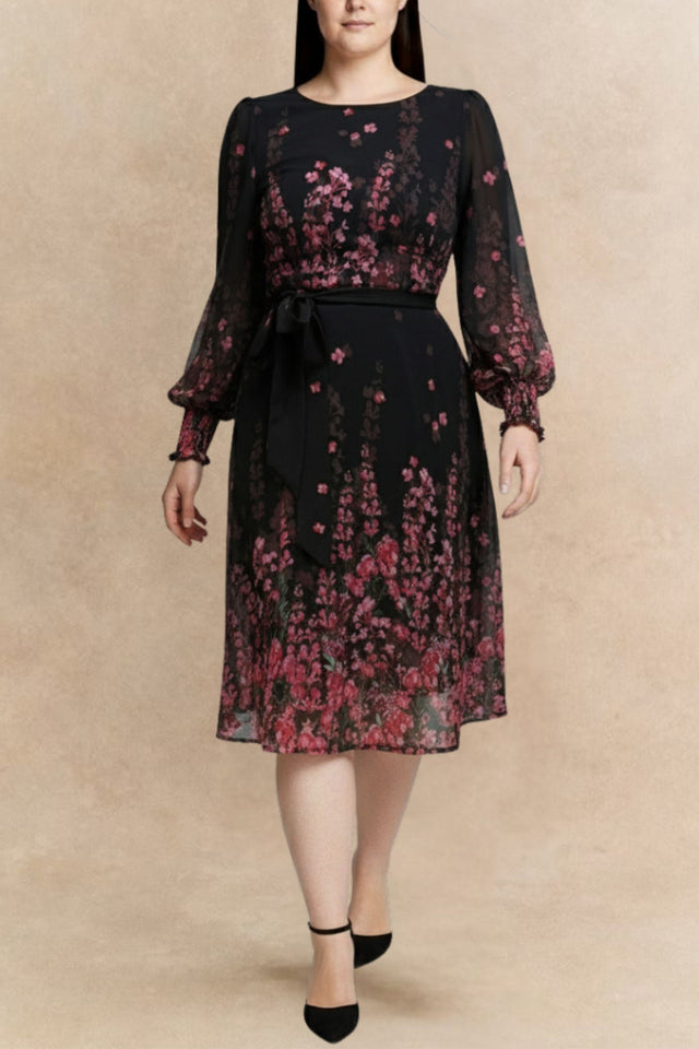 PRÉCOMMANDE-Seraphina Robe Imprimé Floral Noir Manches Transparentes Taille Ceinturée