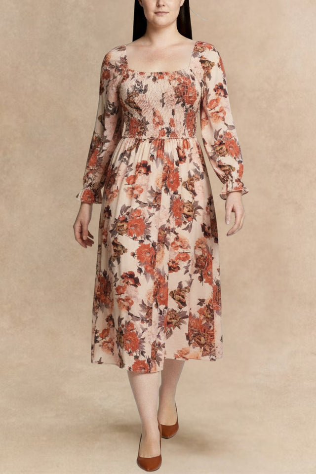 Gabriela Robe Midi Fleurie Manches Longues Taille Smockée