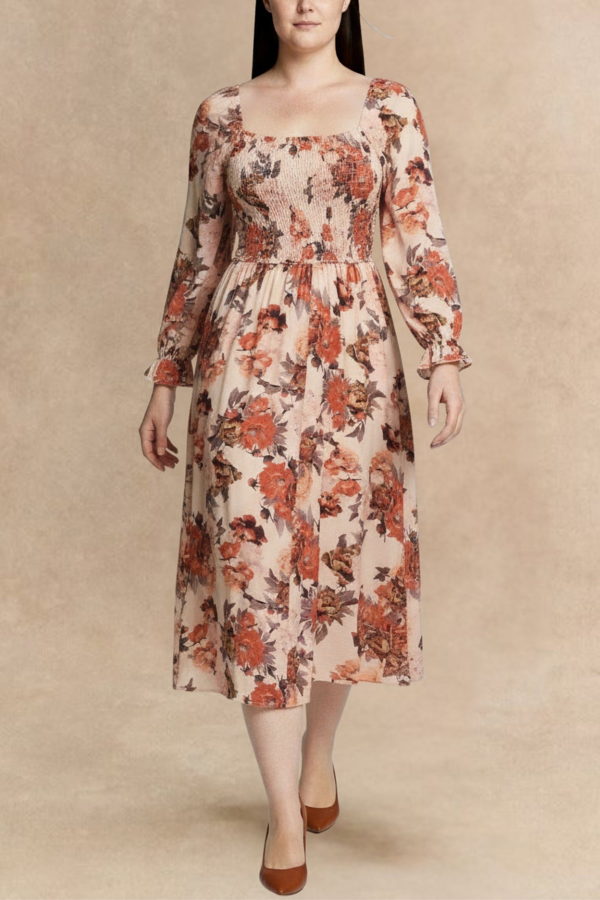 Gabriela Robe Midi Fleurie Manches Longues Taille Smockée