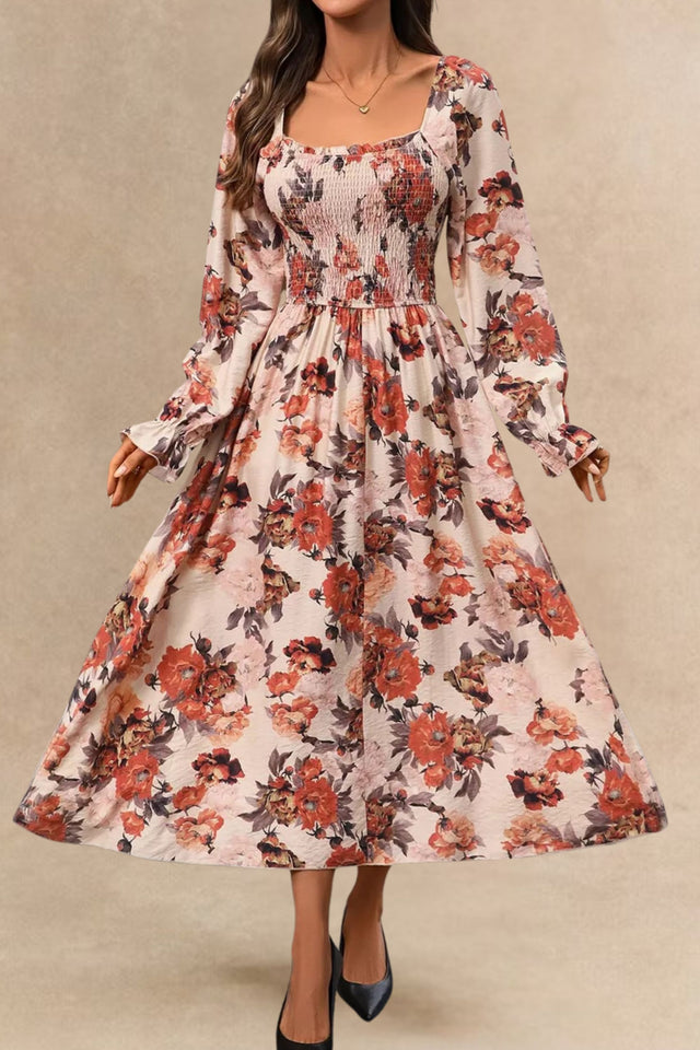 Gabriela Robe Midi Fleurie Manches Longues Taille Smockée