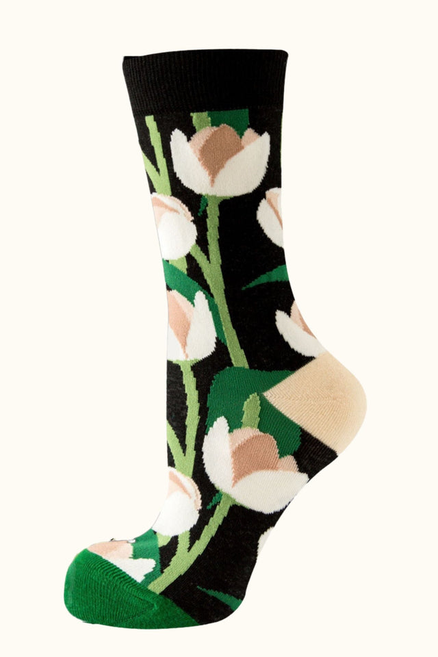 Socks White Tulips Motif - Onze Montreal Black Onze Montreal