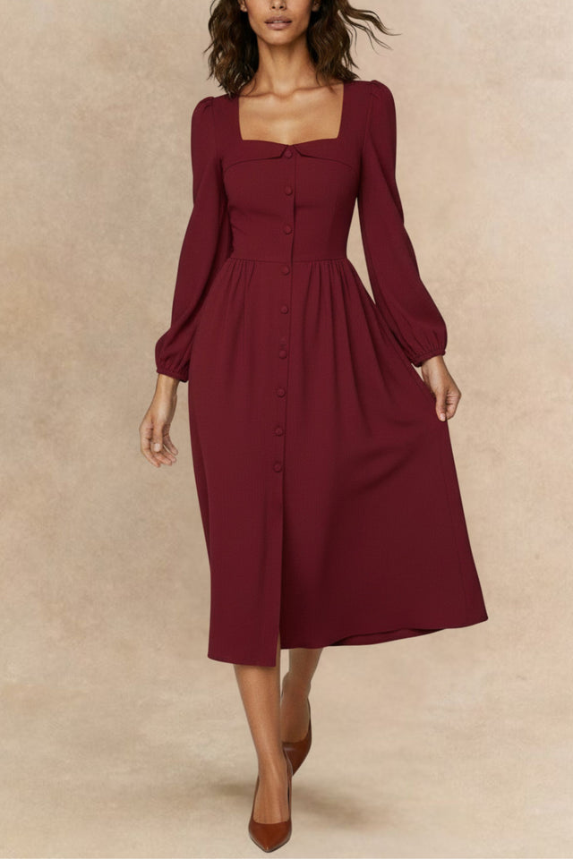 Irène Square Neck Button-Front Midi Dress