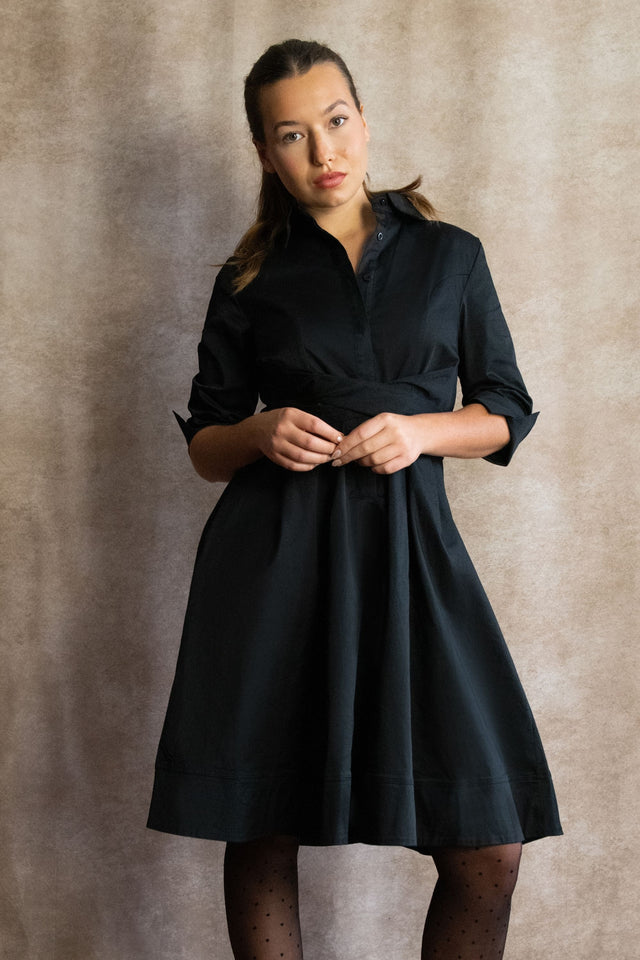 Tessa Shirt Dress Twist Waist Tie Pockets - Onze Montreal Black / XS Annick