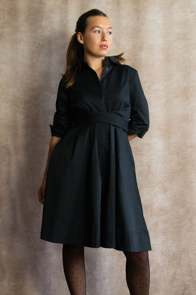 Tessa Shirt Dress Twist Waist Tie Pockets - Onze Montreal Black / XS Annick