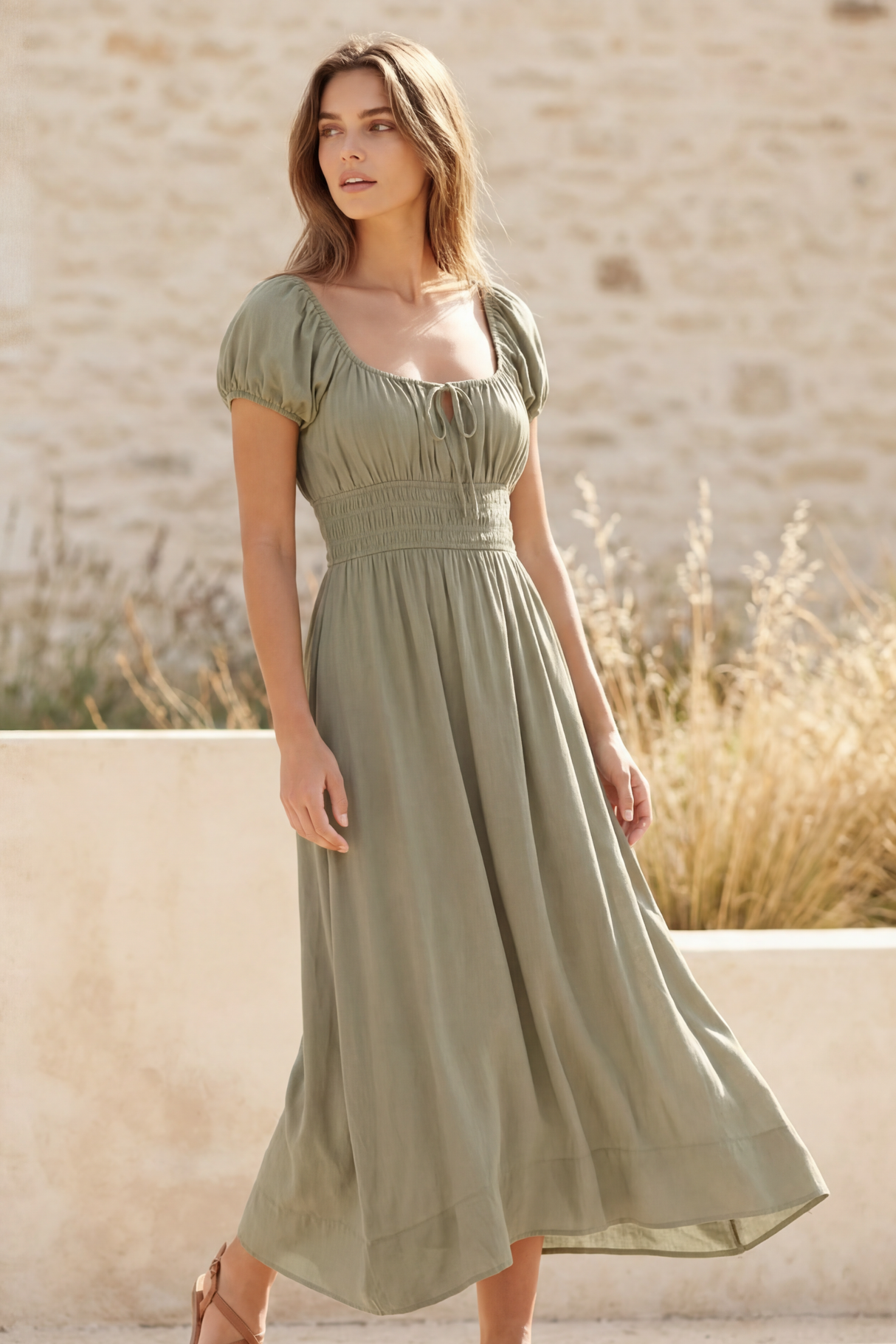 Therese Maxi Taille Smockée Manches Bouffantes