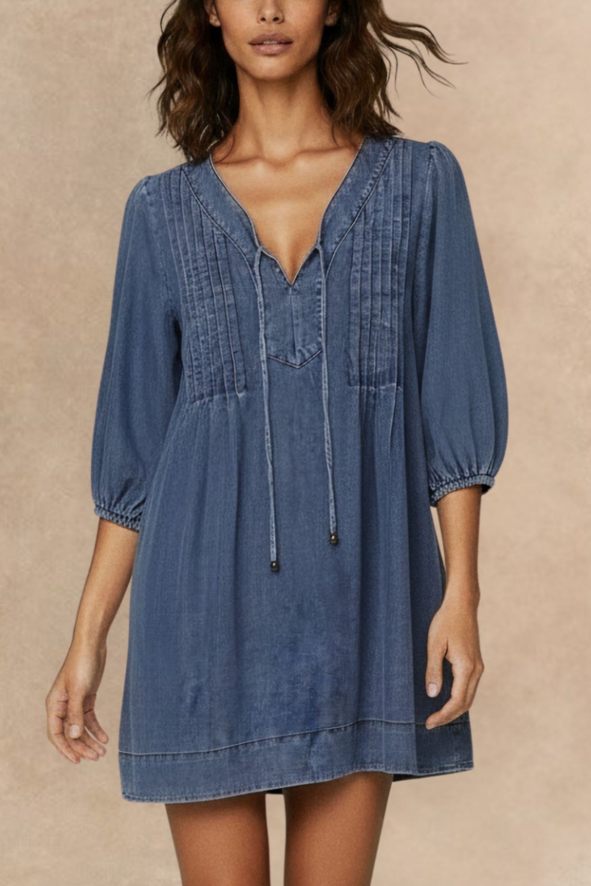 Christella Tie Neck Long Sleeve Mini Denim Dress