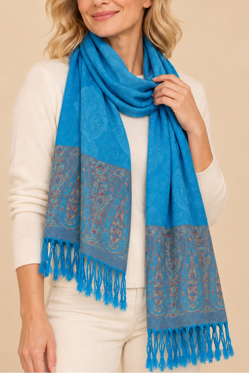 Pashmina Scarf Jacquard Paisley Blue