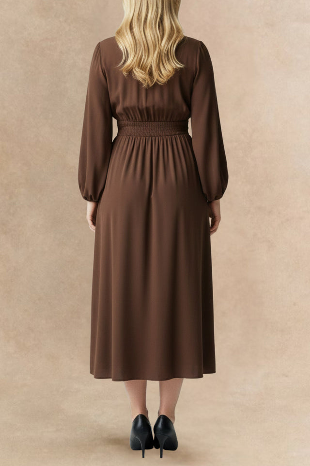 V-Neck Long Sleeve A-Line Midi Dress