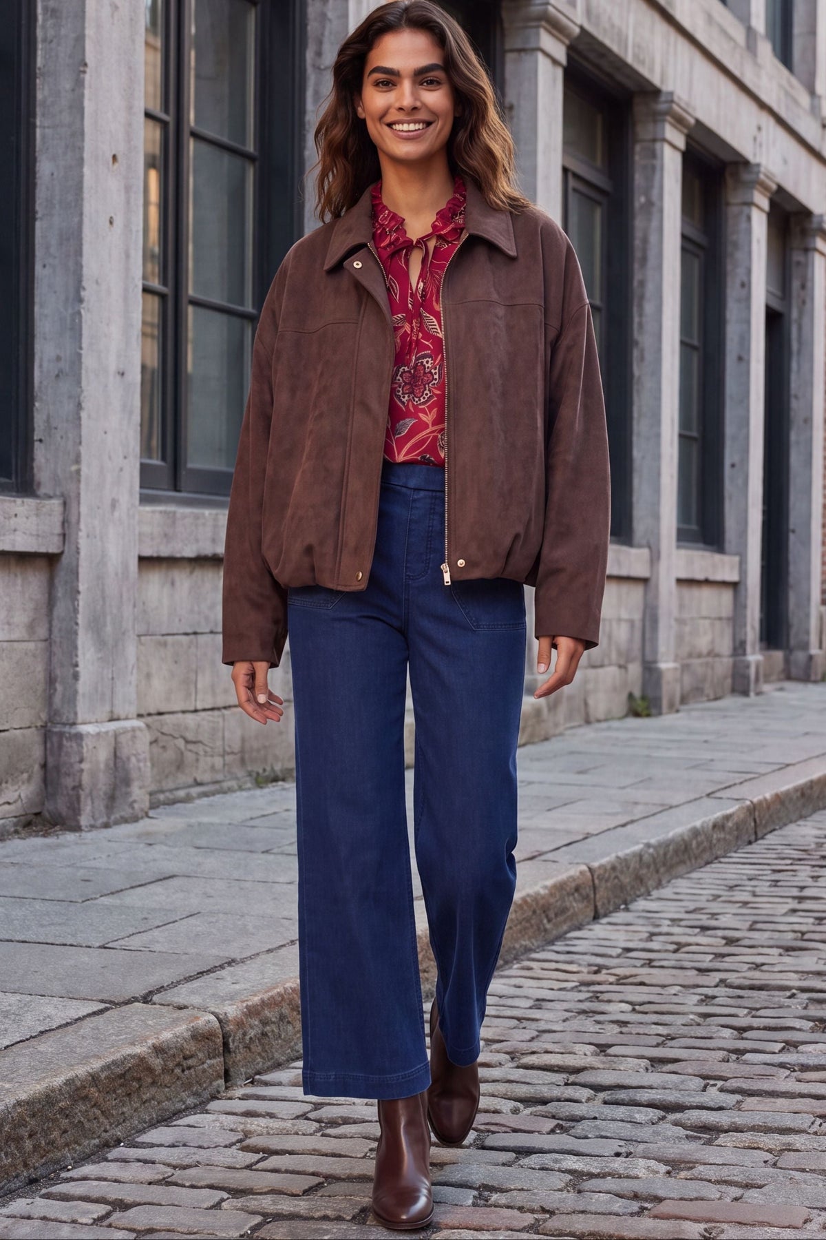 Valerie Brown Faux Suede Zip Oversize Jacket
