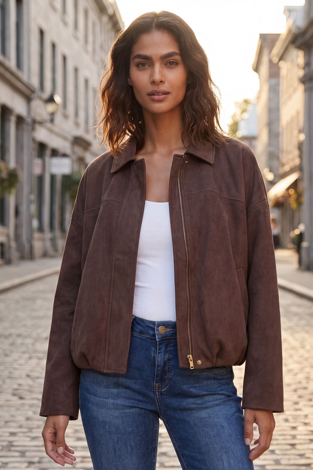 Valerie Brown Faux Suede Zip Jacket