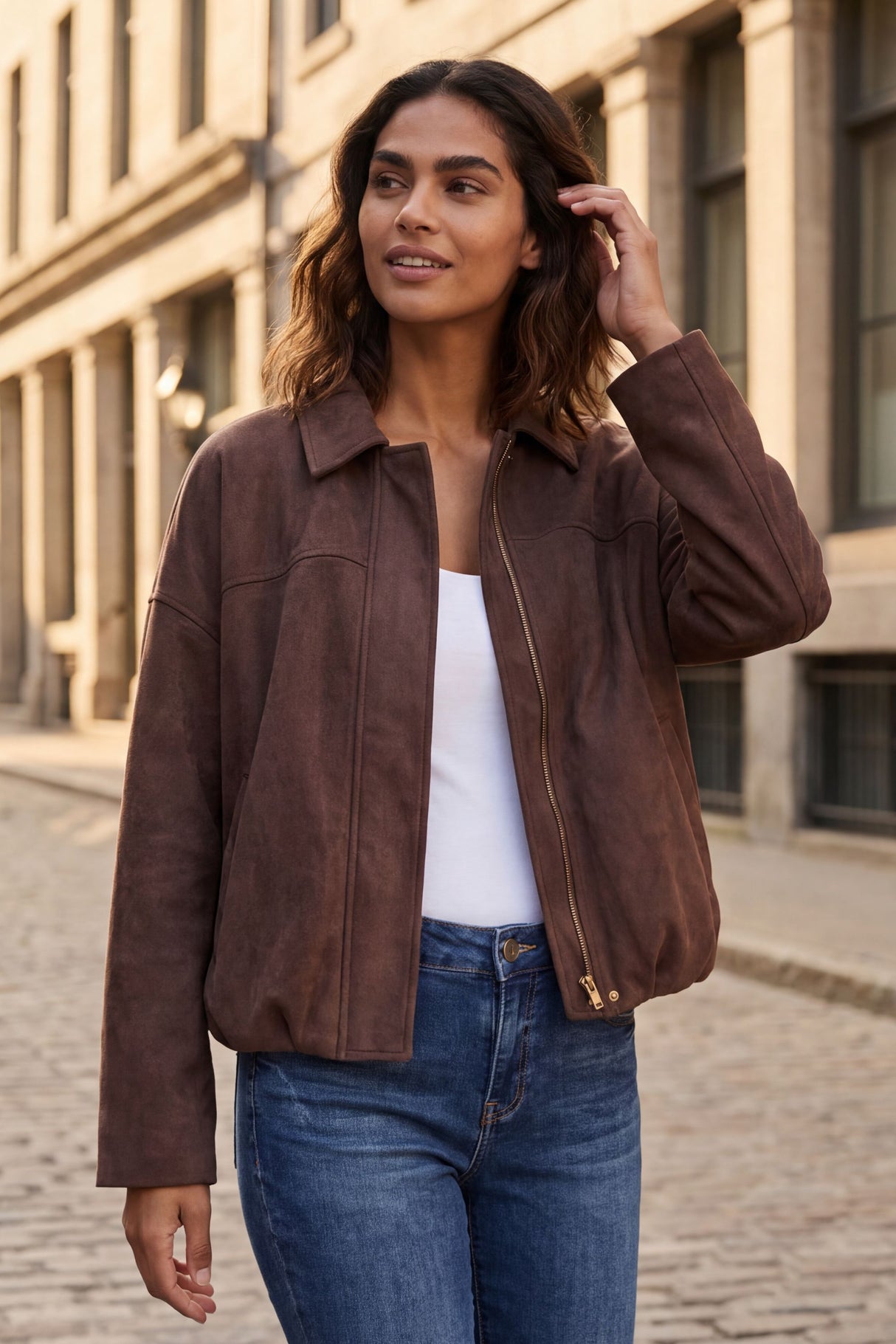 Valerie Brown Faux Suede Zip Jacket