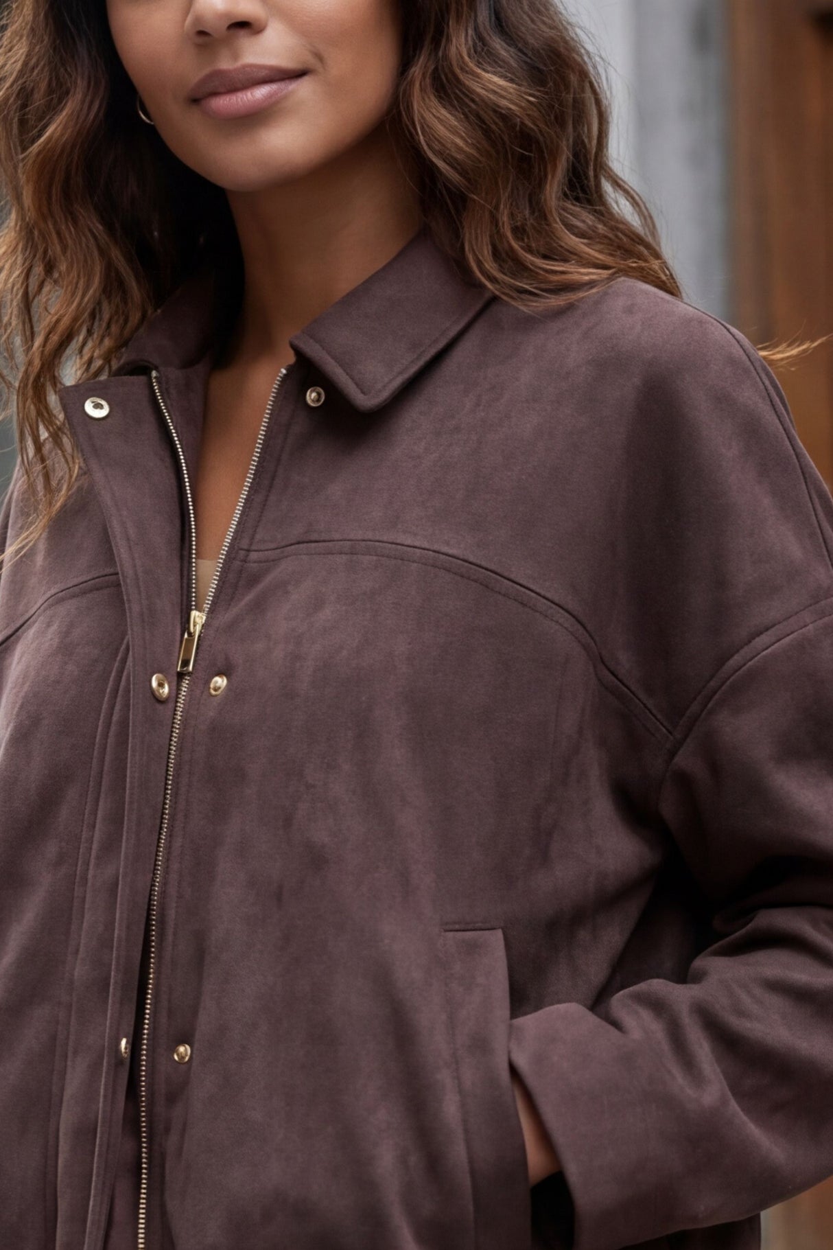 Valerie Brown Faux Suede Zip Jacket