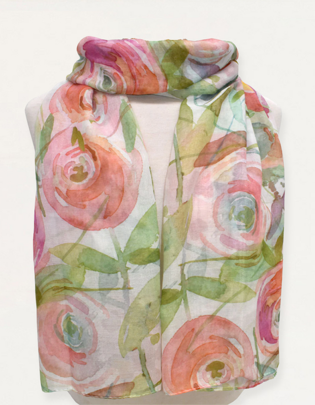 Watercolor Floral Scarf Soft Pink Green Pastel Flowers