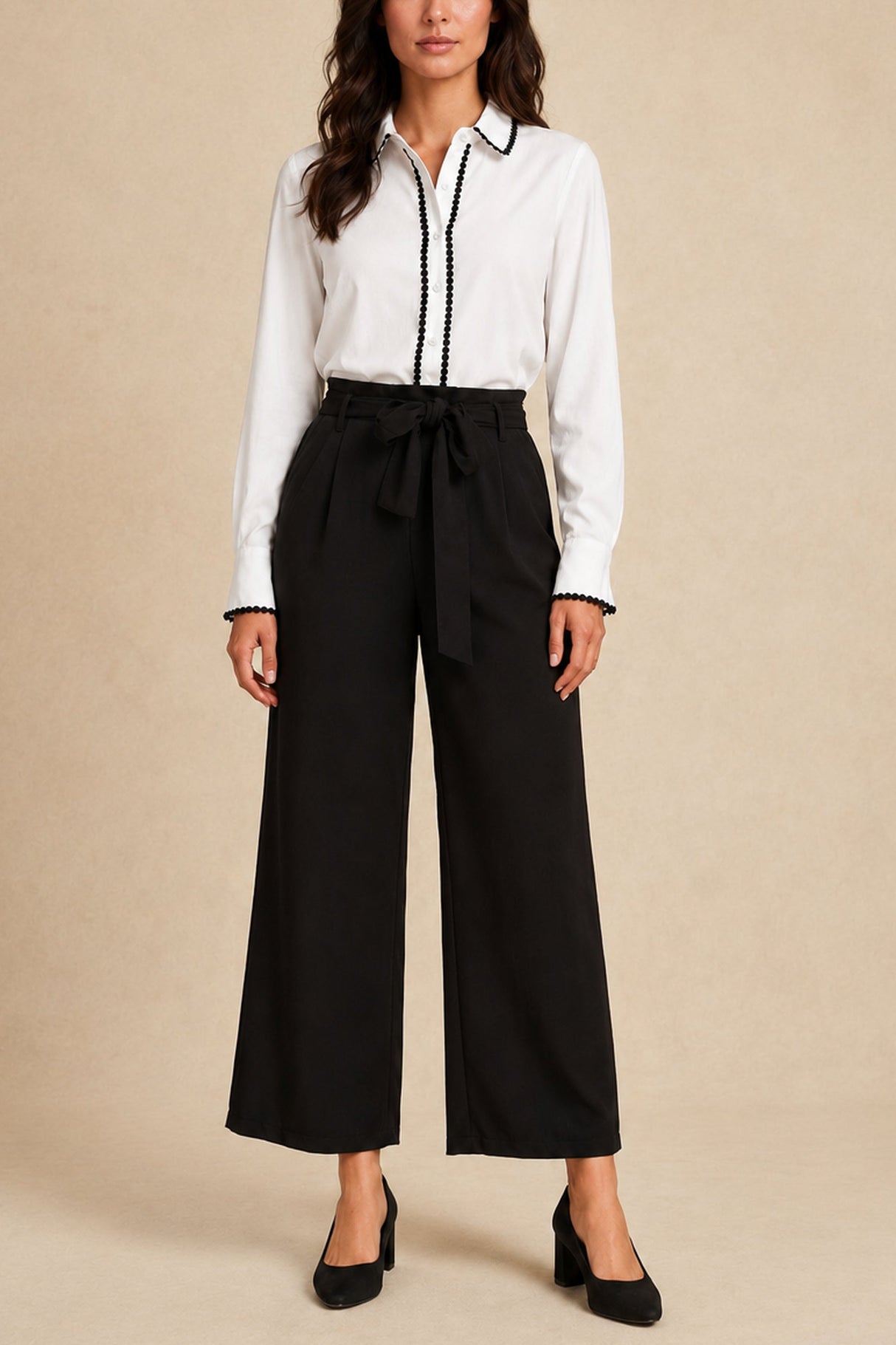 Addison black wide-leg tie-waist pants with white Amelie blouse, front view