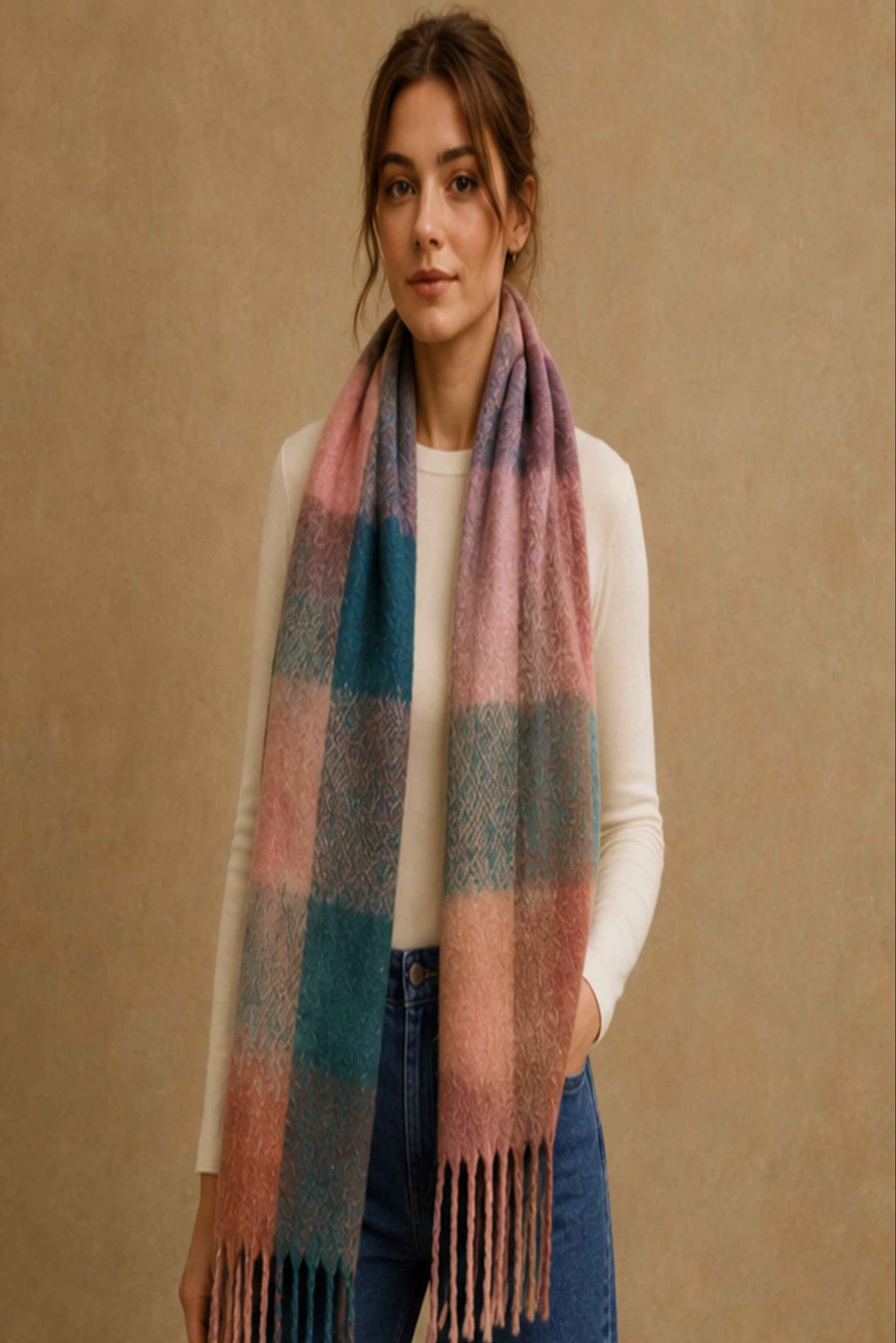 Blush and Teal Plaid Fringe Scarf