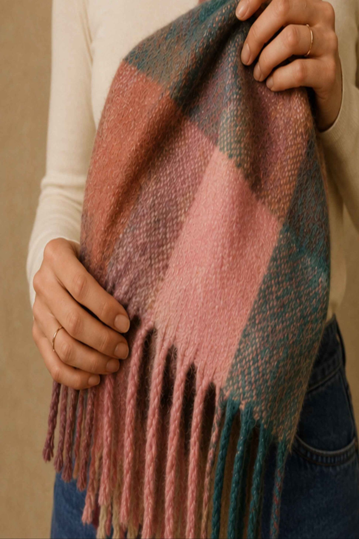 Blush and Teal Plaid Fringe Scarf