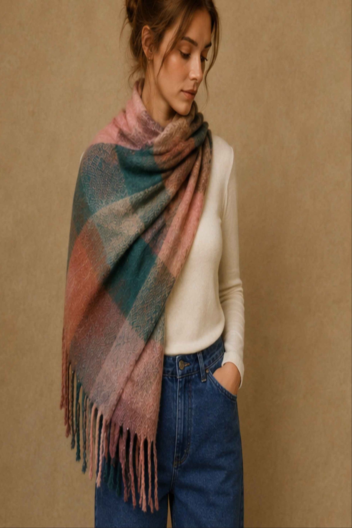Blush and Teal Plaid Fringe Scarf