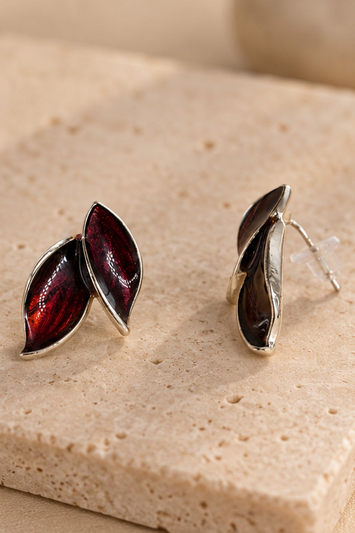 Burgundy Leaf Stud Earrings