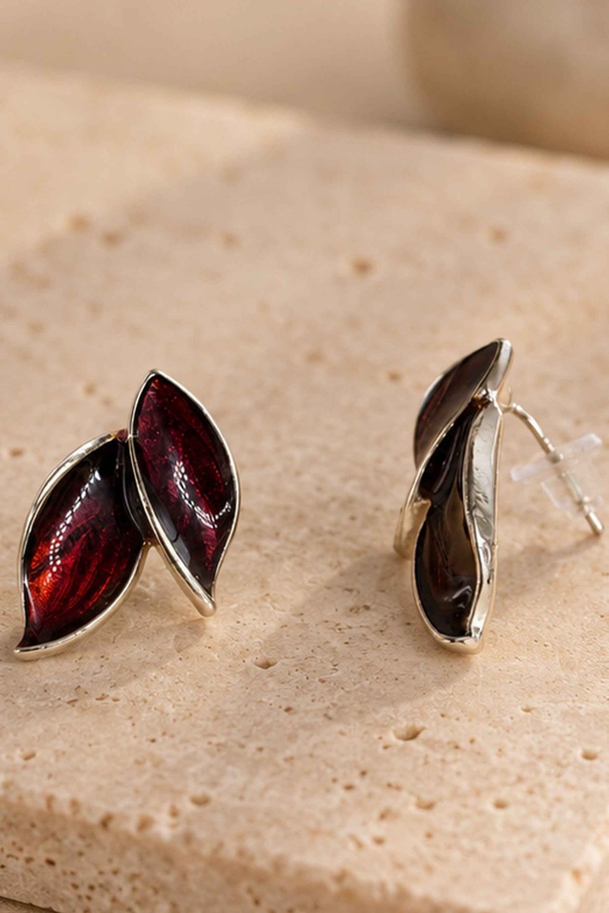 Burgundy Leaf Stud Earrings