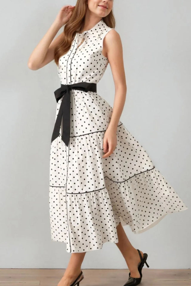 Daniela Midi Shirt Dress Polka Dot Sleeveless Tie Waist