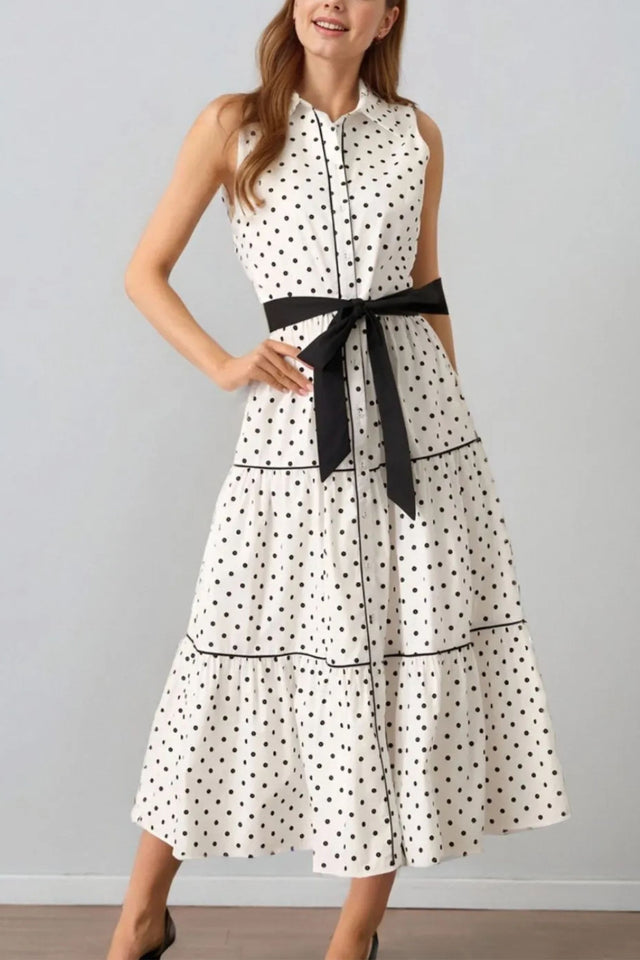 Daniela Midi Shirt Dress Polka Dot Sleeveless Tie Waist