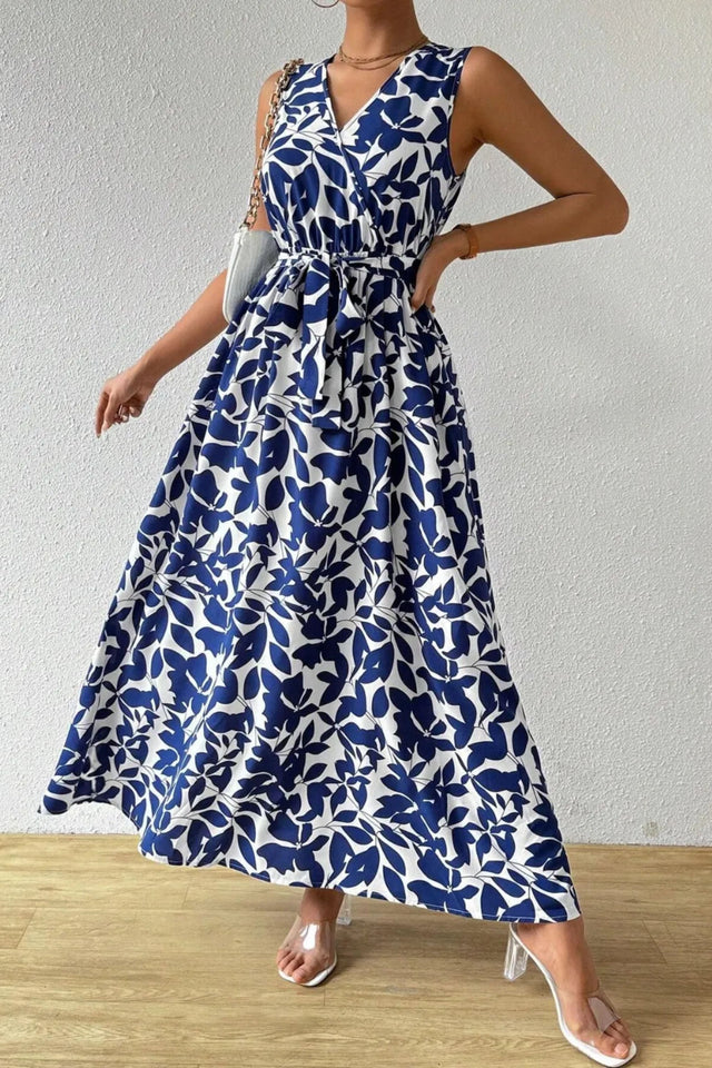Georgia Maxi Dress Leaf Print Sleeveless Tie Waist