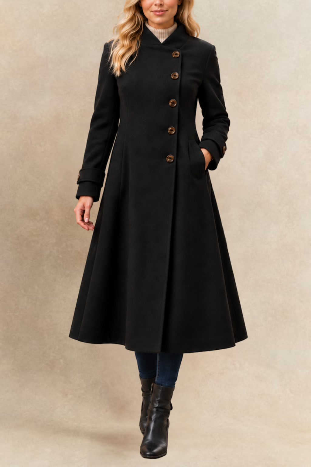 Harper Retro Flared Coat Side Buttons Elegant
