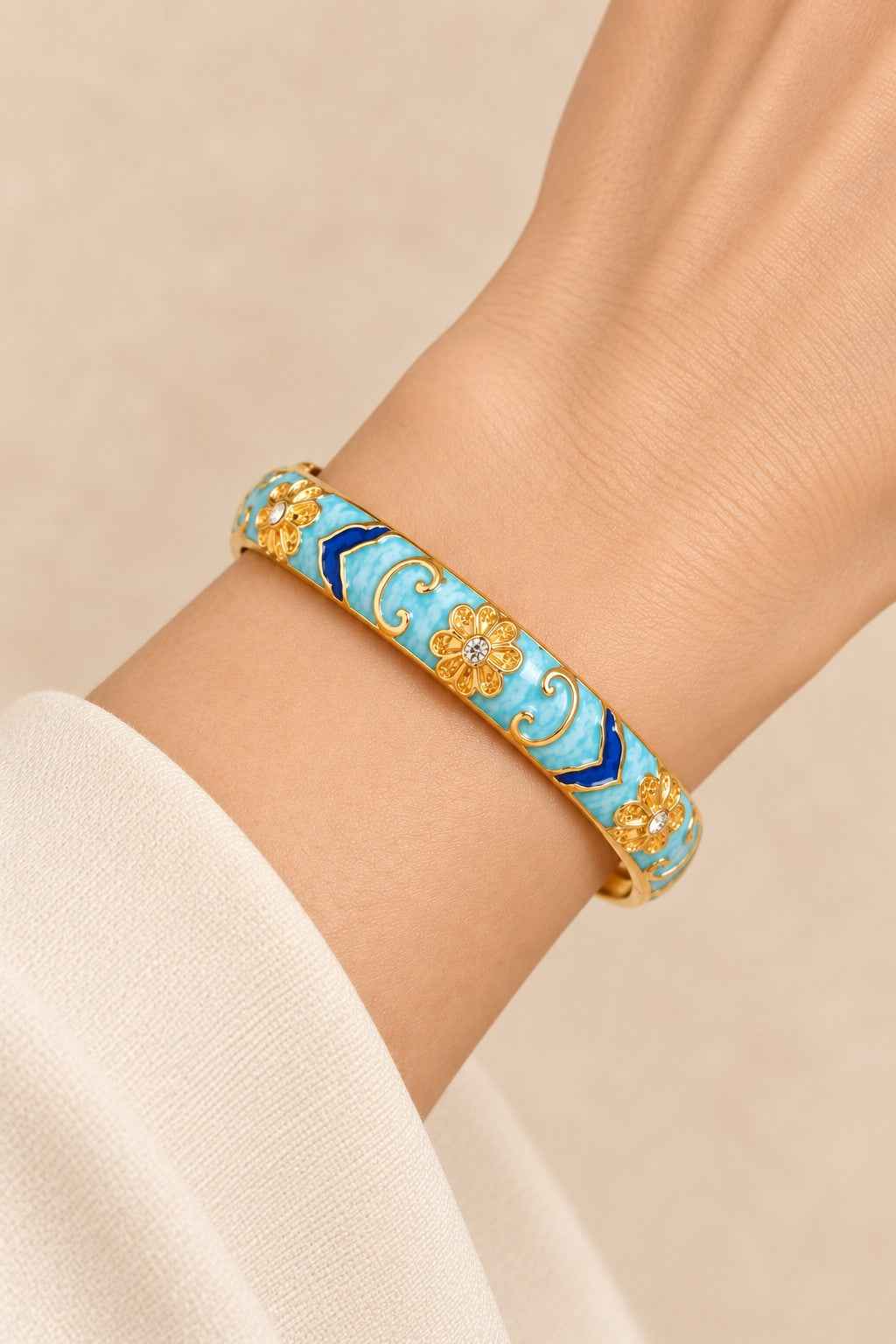 Light Blue & Dark Blue Enamel Gold-Tone Hinged Bangle