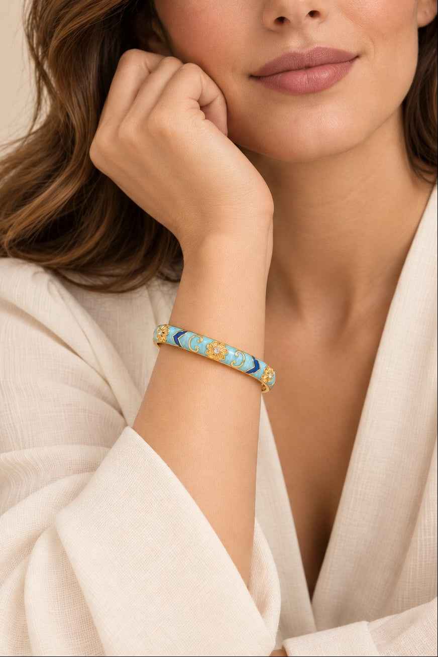 Light Blue & Dark Blue Enamel Gold-Tone Hinged Bangle