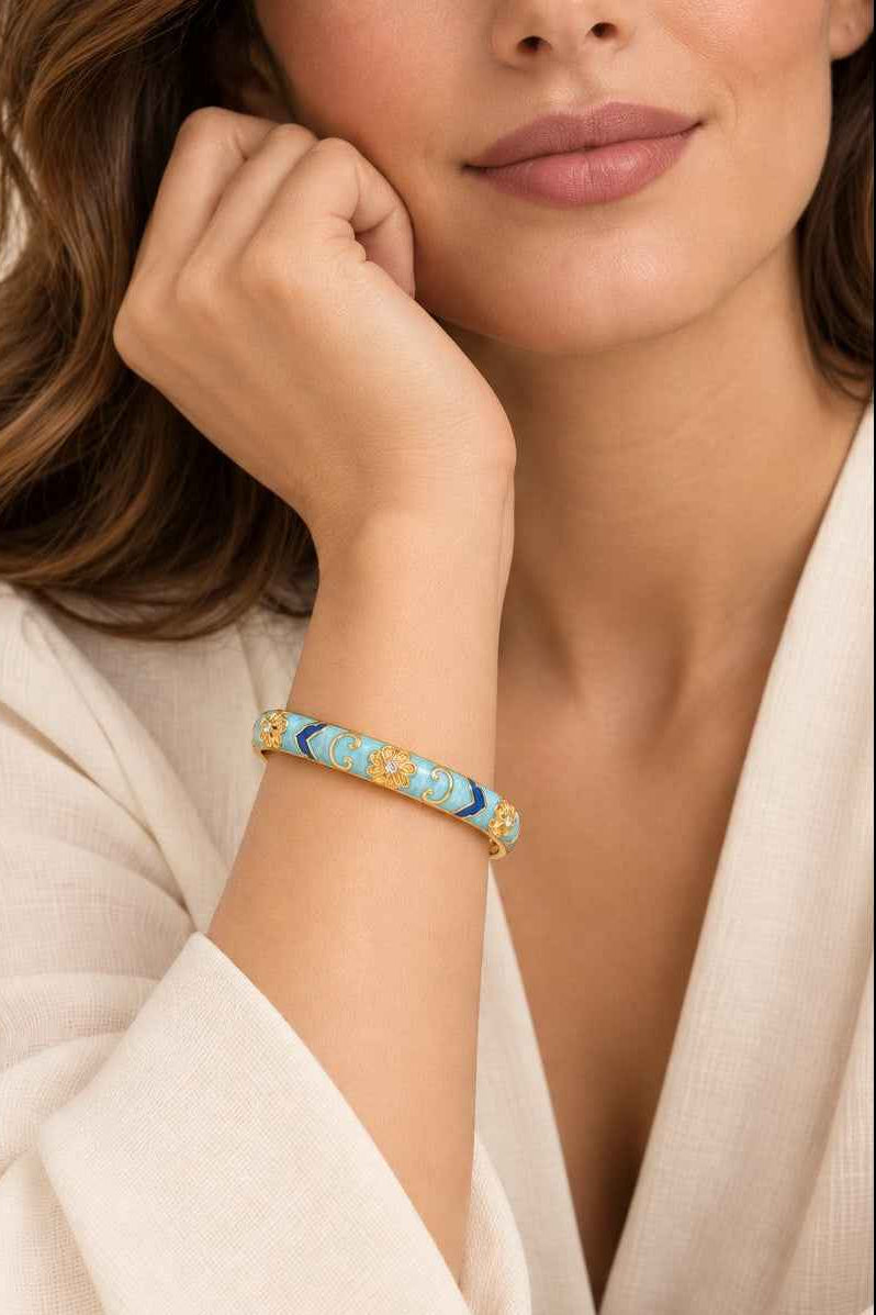 Light Blue & Dark Blue Enamel Gold-Tone Hinged Bangle