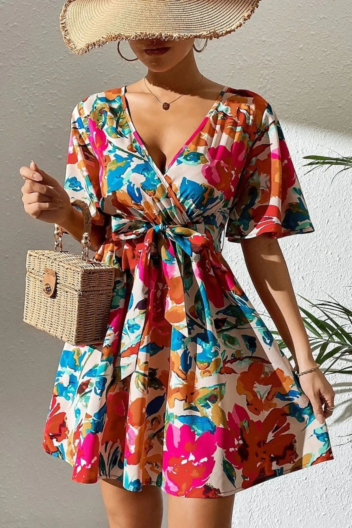 Maeve Robe Mini Croisée Imprimé Floral Manches Courtes