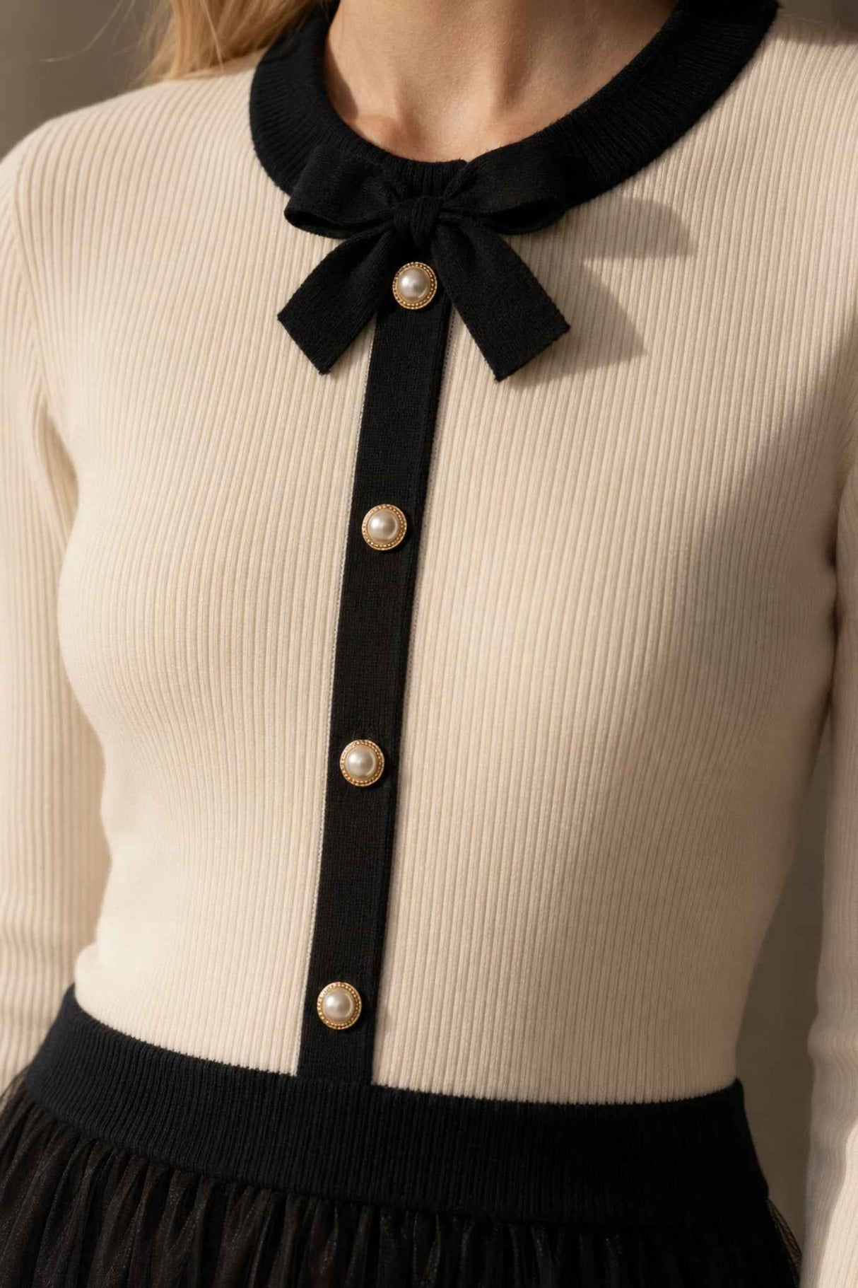 Melina Ivory Knit & Black Tulle Midi Dress