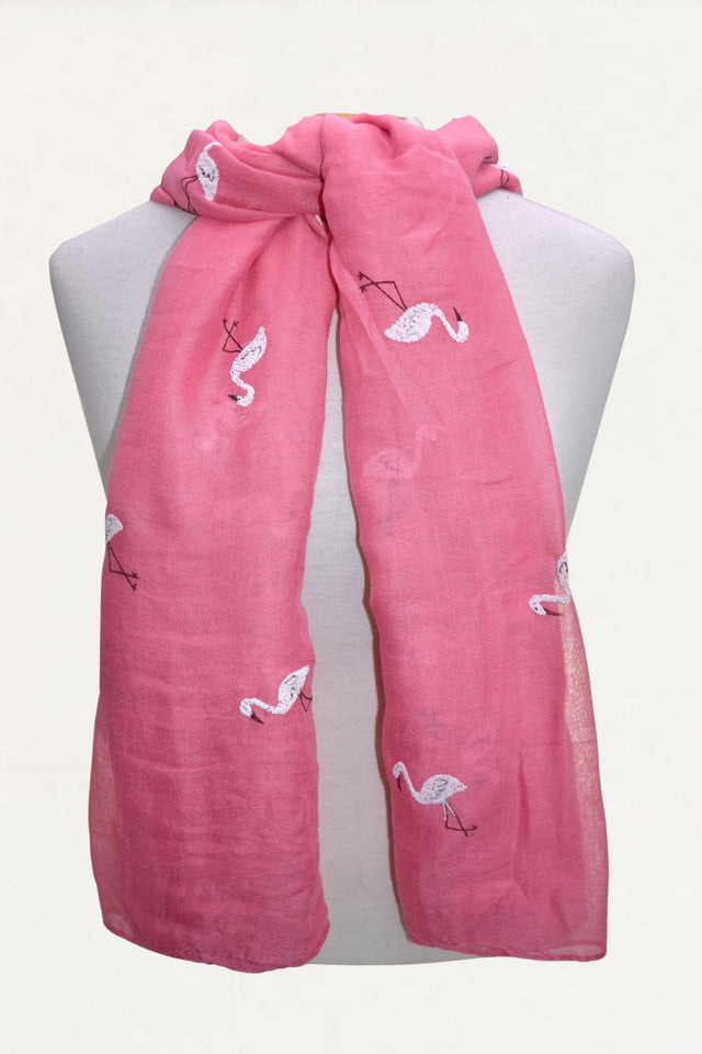 Scarf Pink Flamingos Emboidered White - Onze Montreal Pink Onze Montreal