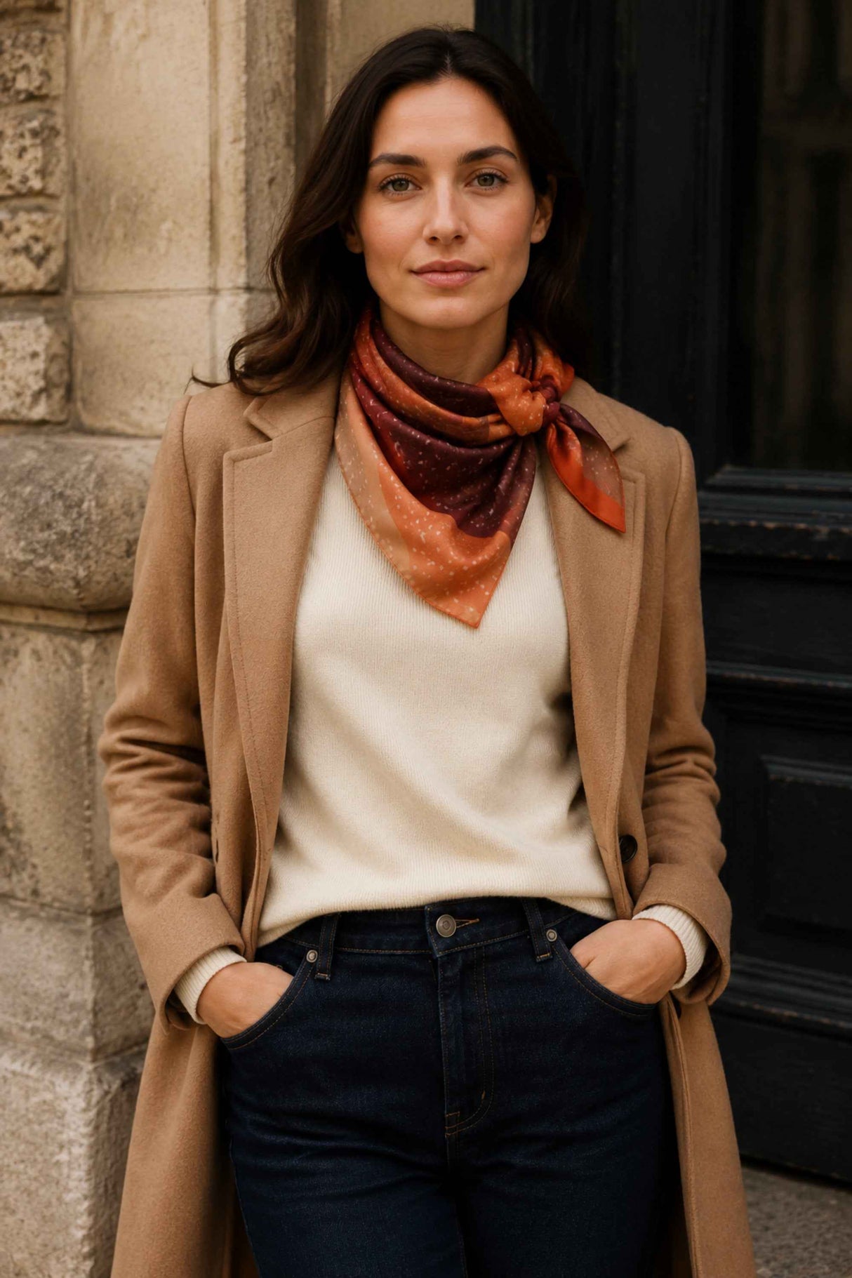 Rust Colour-Block Square Scarf
