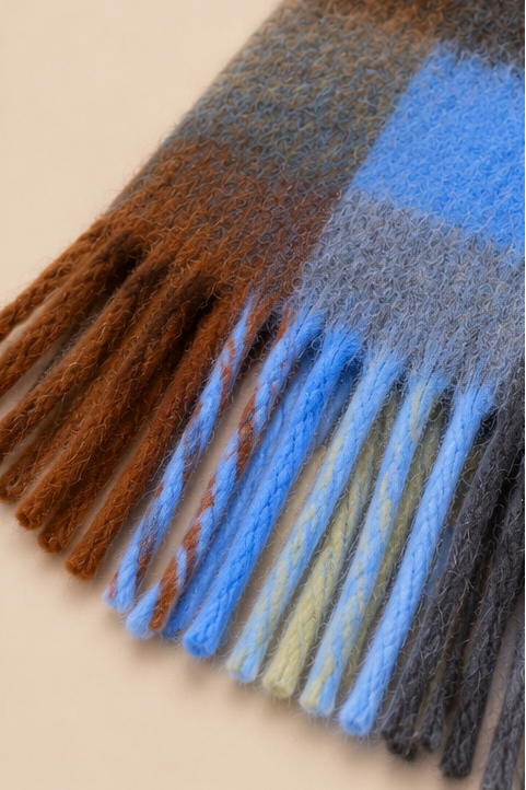 Blue & Camel Plaid Fringe Scarf