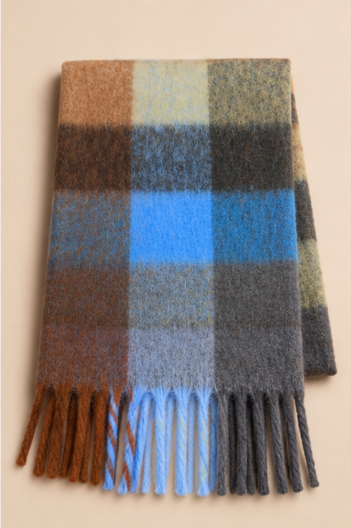 Blue & Camel Plaid Fringe Scarf