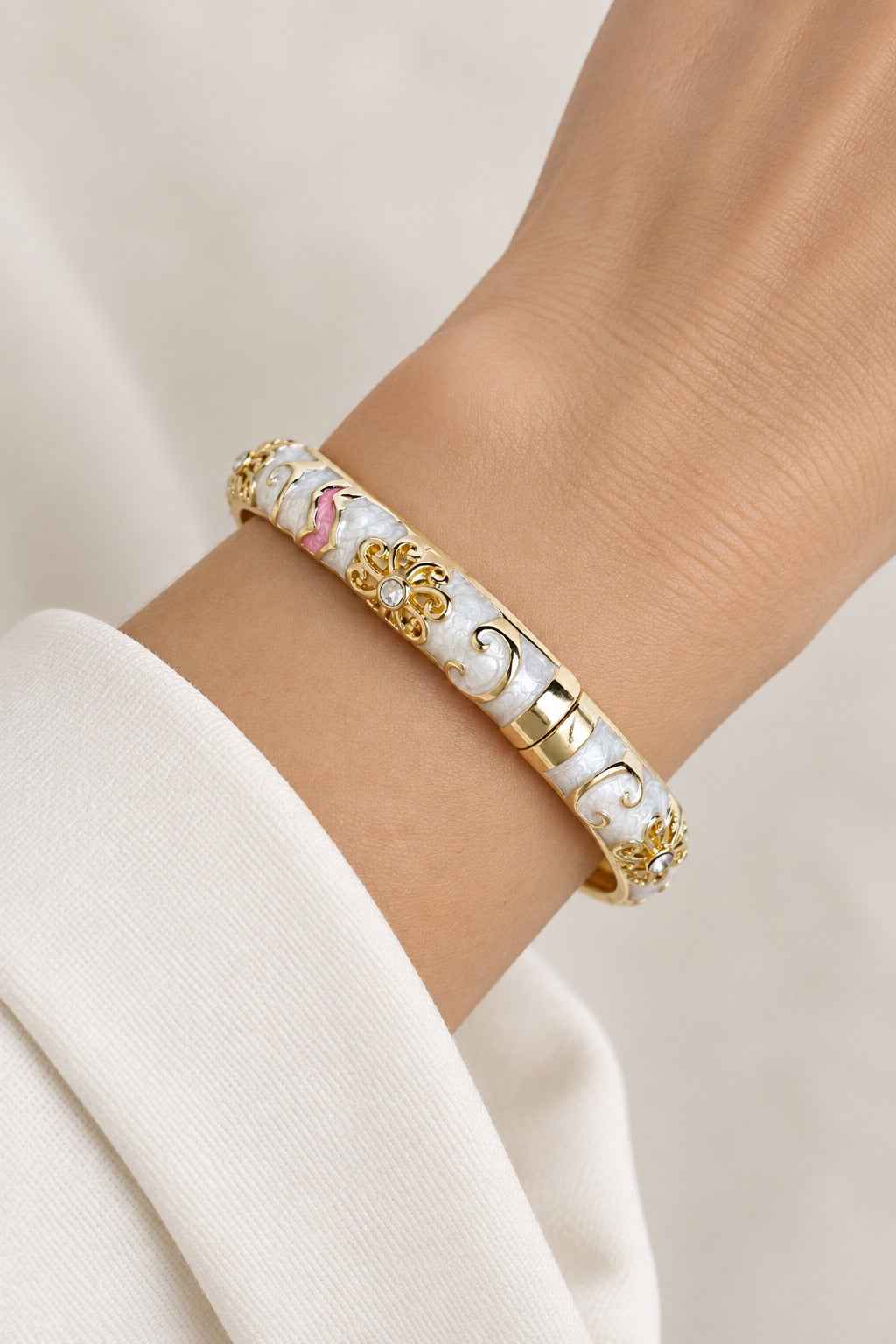 White Enamel & Gold-Tone Hinged Bangle