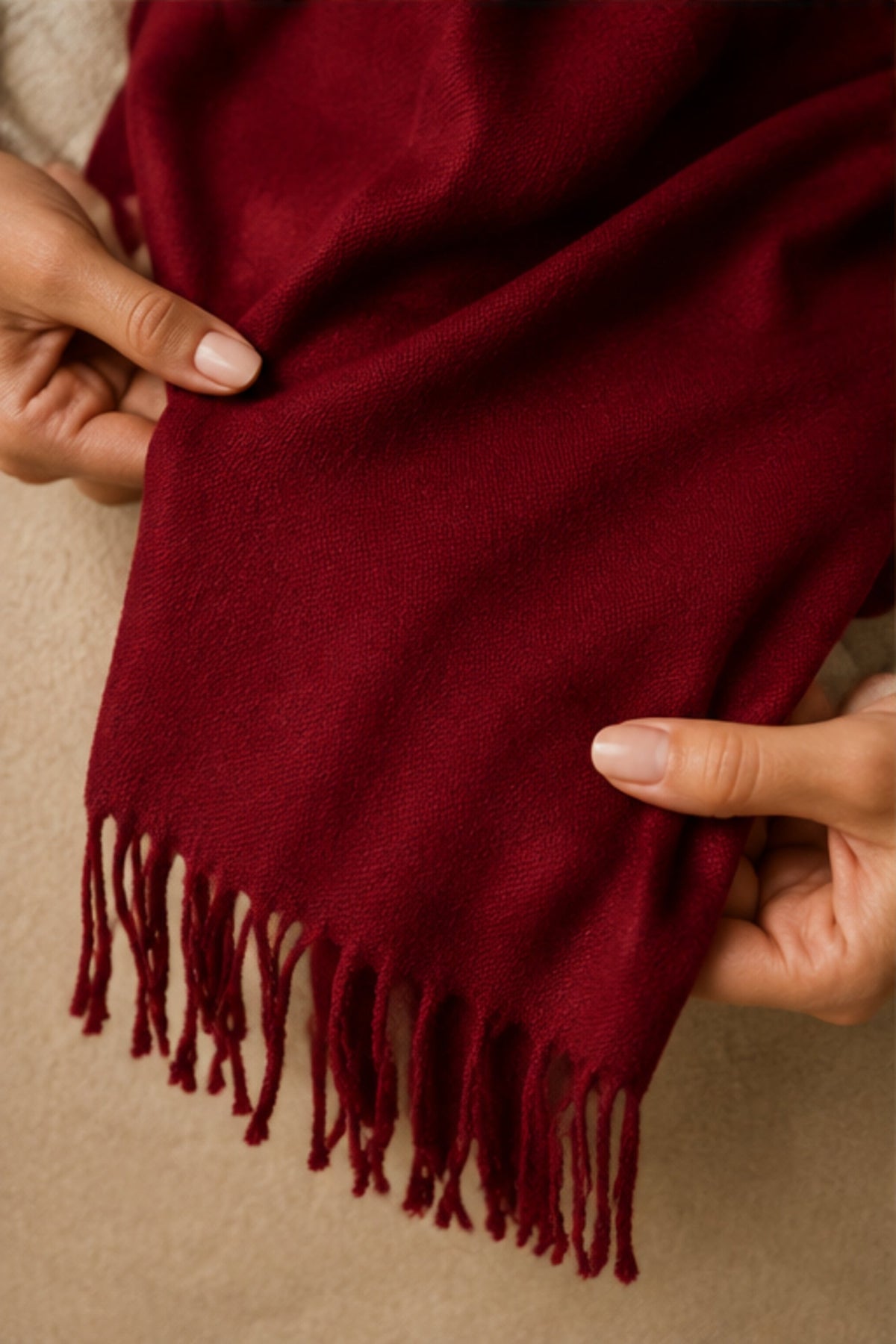 Close-up detail of Wine Red Fringe Scarf