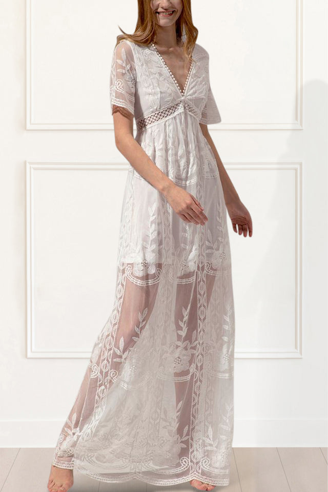 Fairy Dress Fluttering V-Neck See-Through Lace White