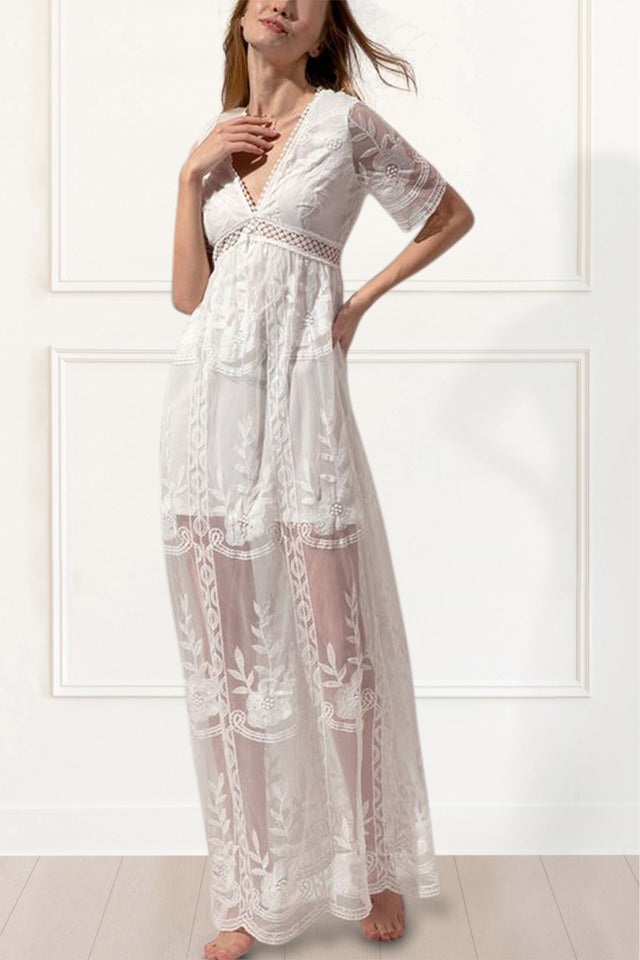 Fairy Dress Fluttering V-Neck See-Through Lace White