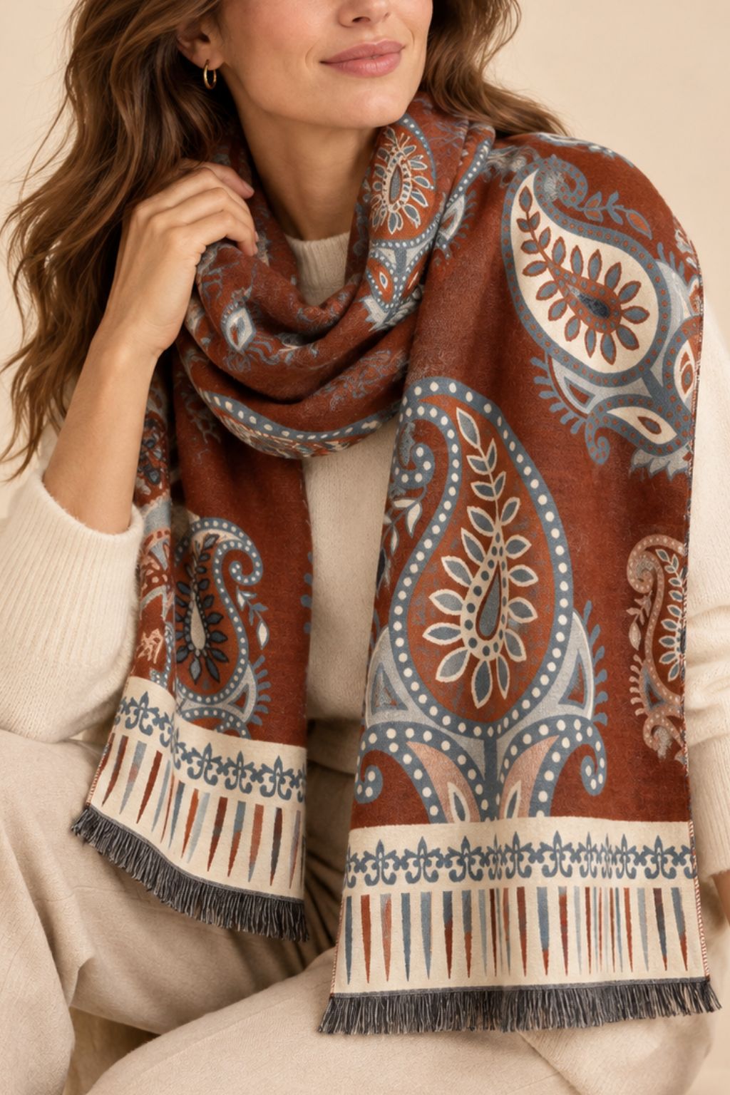 Beige Paisley Fringe Scarf