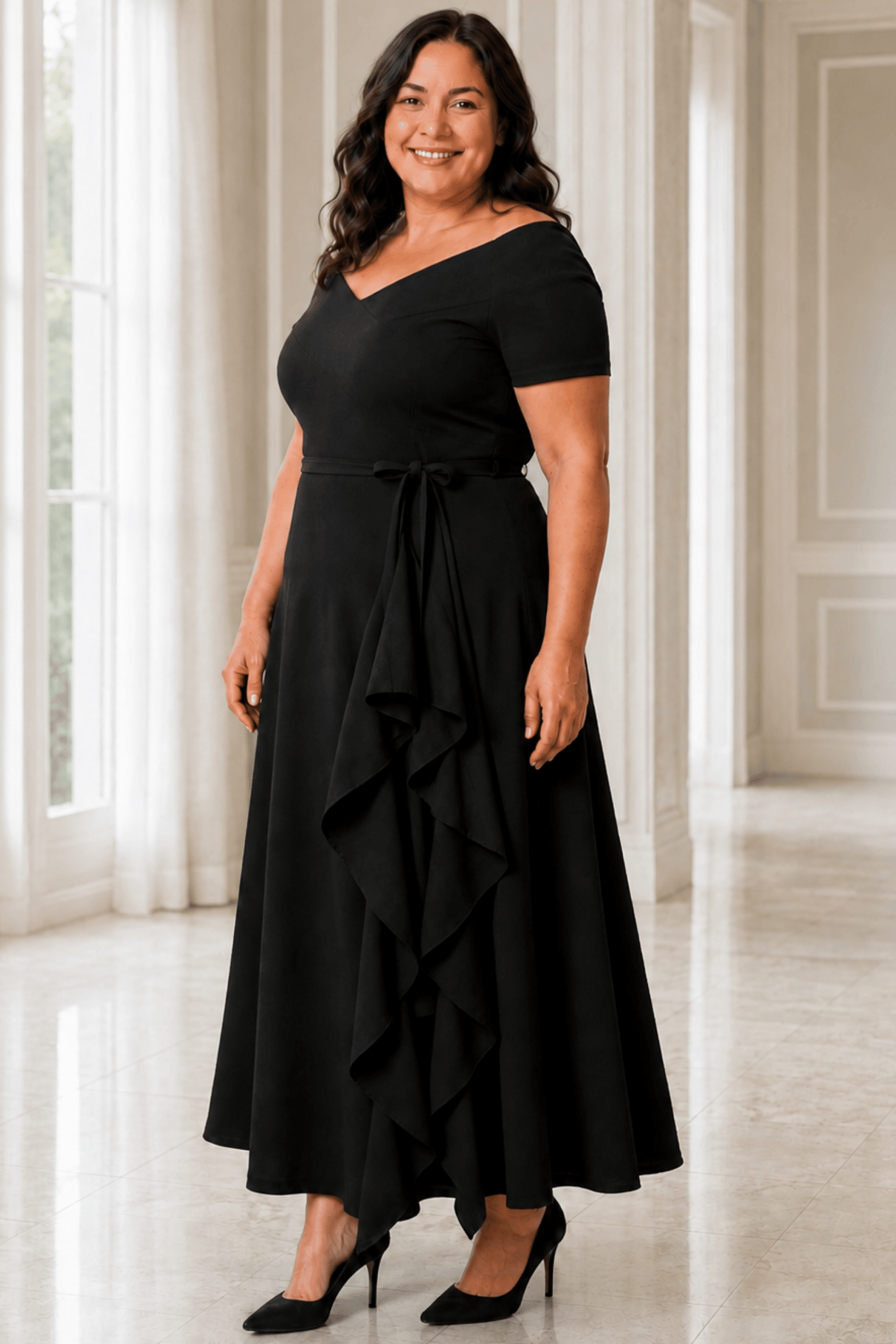 Malia Black Stretch Ruffle Maxi Dress