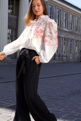 Celeste Women's Floral White Blouse Decorative Front Trim